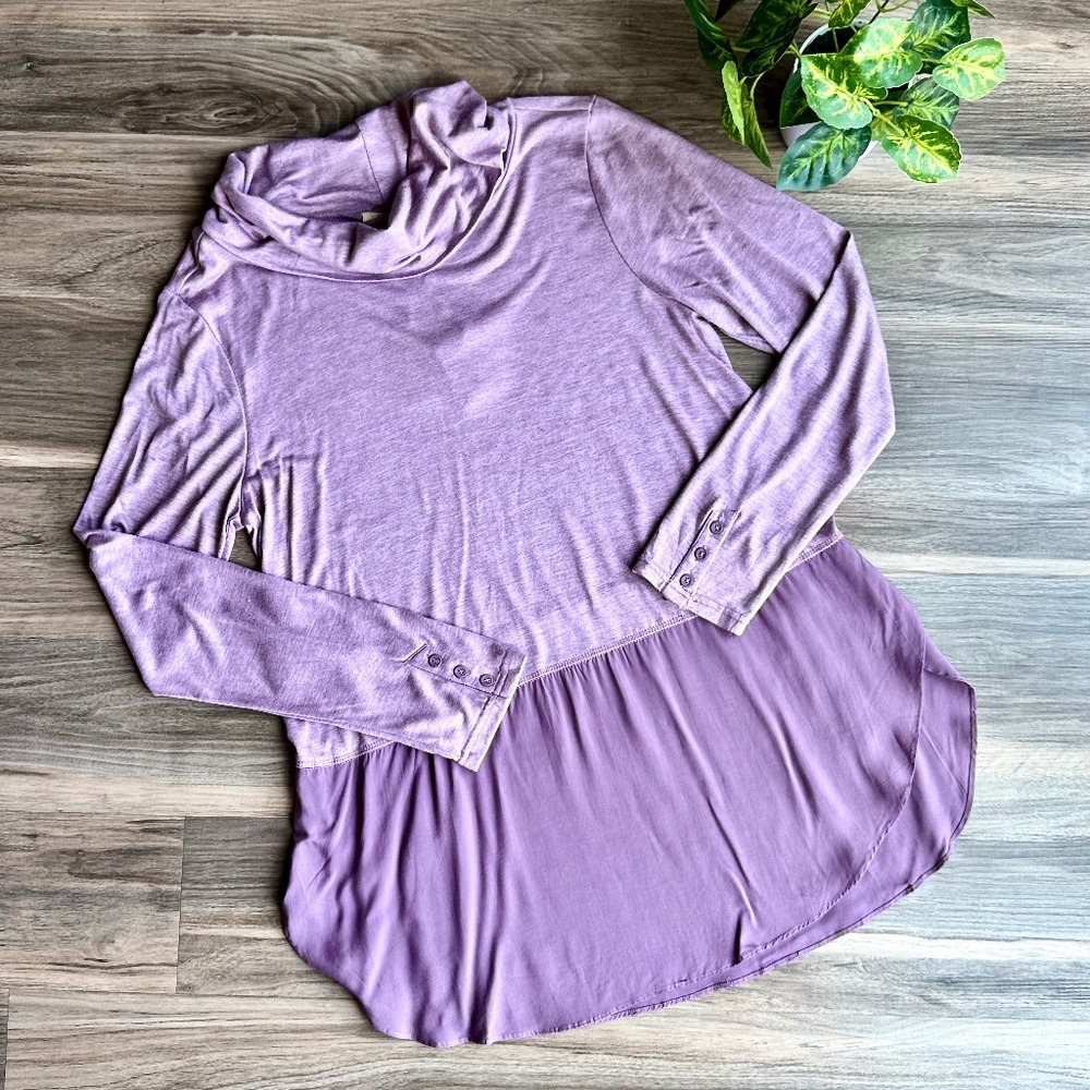 NWT Kori America Cowl Neck Tunic Top‎ Purple Hi-Low Hem Size Small
